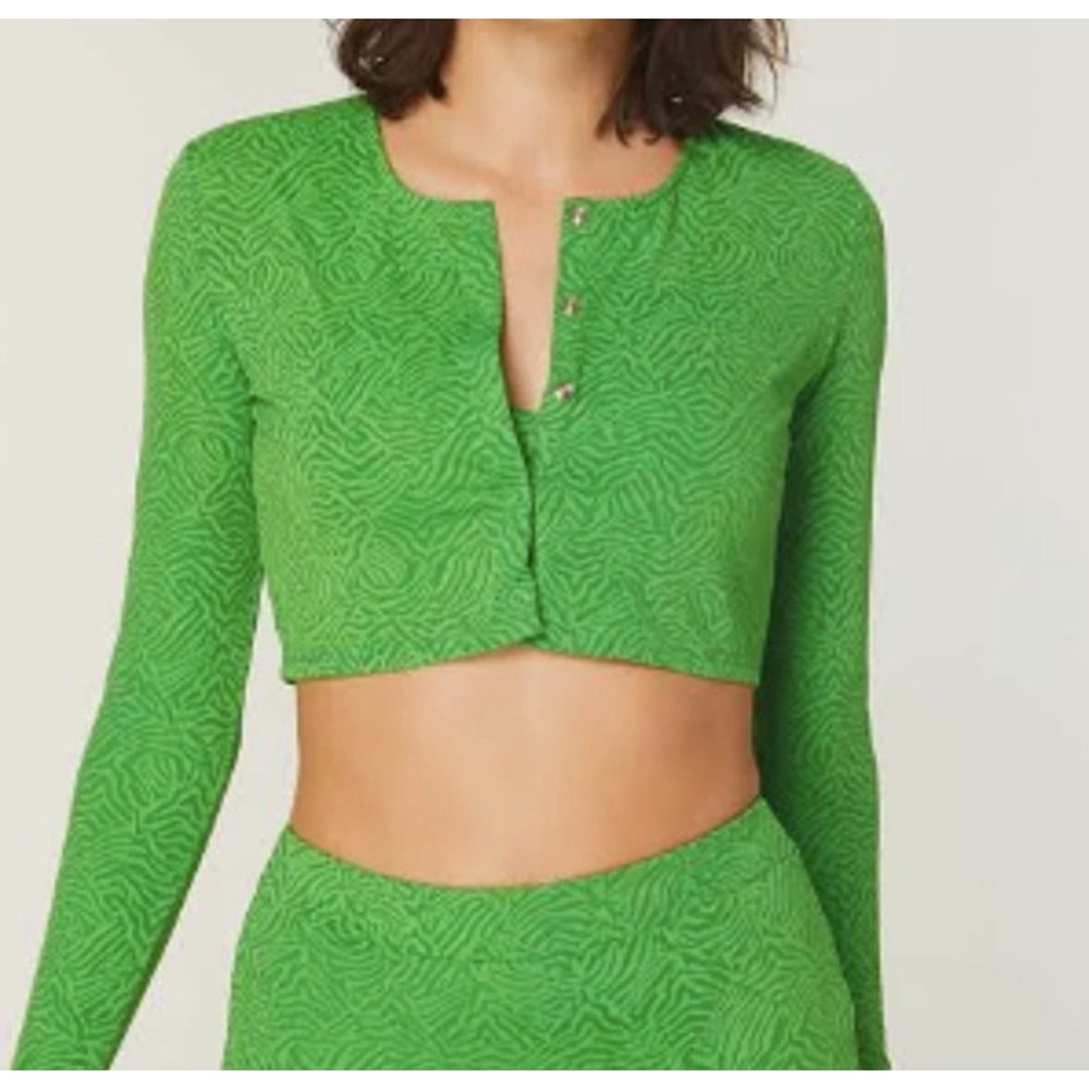 Andie Augusta Jacket XS Green Zebra Print Cropped Snap Front Long Sleeve AD014